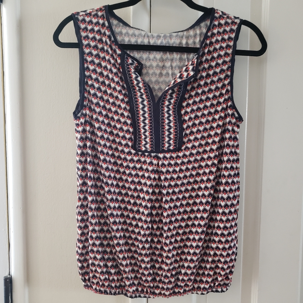 Max Studio Top Sleeveless Red White Blue Tunic Split Neck XS NWT
